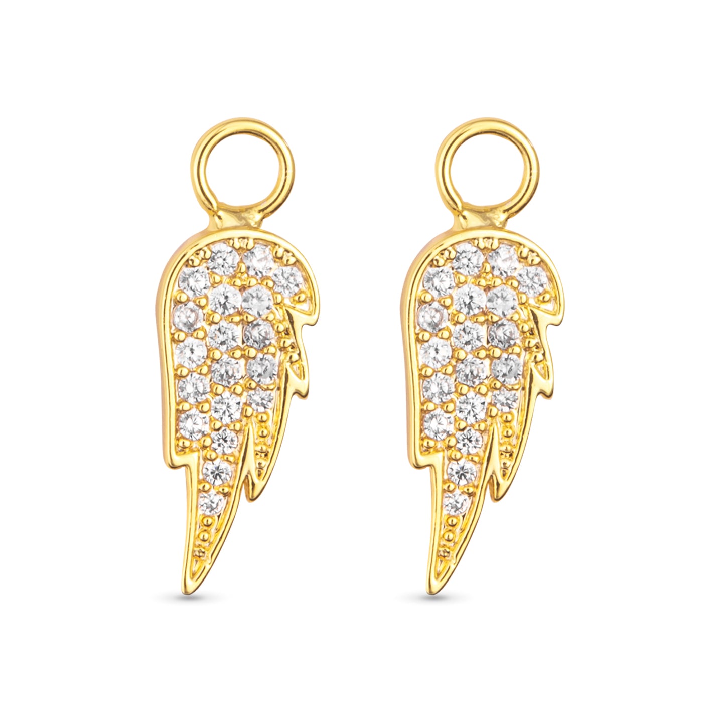 Angel wing shape earring charms with cubic zirconia detailing and gold outline.