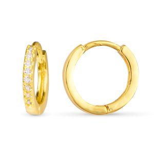 Gold huggie hoop with embedded cubic zirconia detailing.