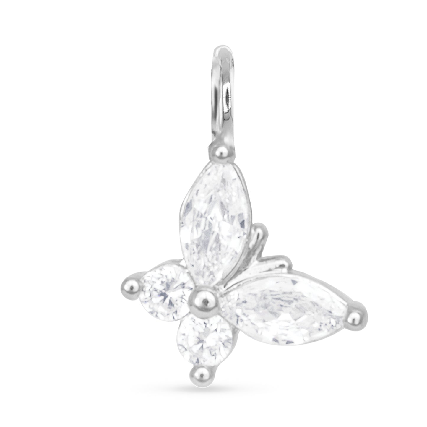 Silver necklace charm with a faux crystal butterfly