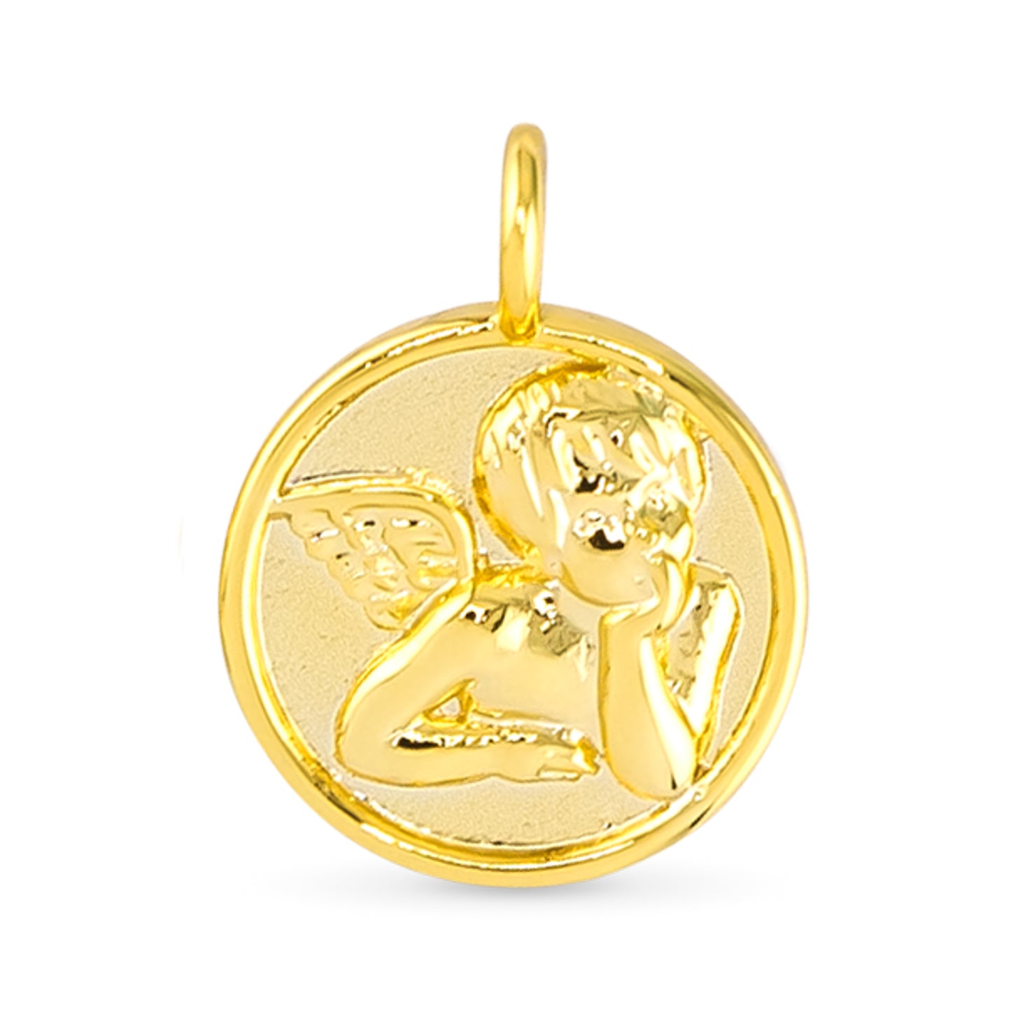 Gold circular necklace charm with angel on it