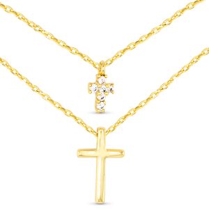 Gold Double Cross Necklace, 18K Gold Dipped, Smaller Cross Pendant With Small Silver Crystals, Larger Sleek Gold Cross