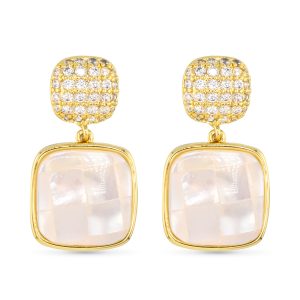 Gold earrings with one small square with crystal detailing at the top of the earrings with a larger mother of pearl square at the bottom of the earrings
