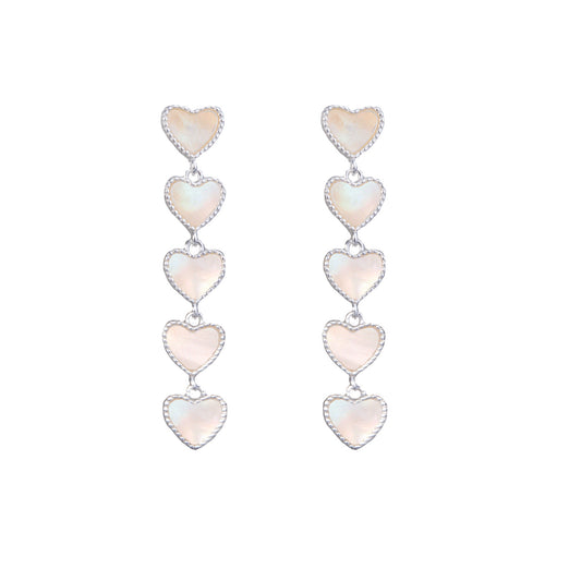 Mother of Pearl Five Heart Drop Earrings Silver