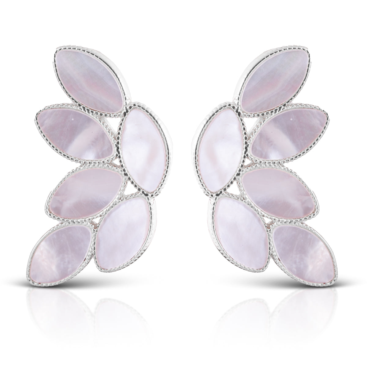 Silver stud earrings with a mother of pearl leaf cluster