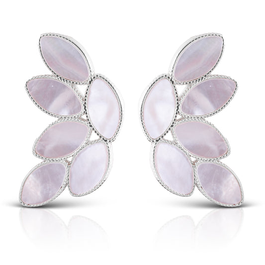 Silver stud earrings with a mother of pearl leaf cluster