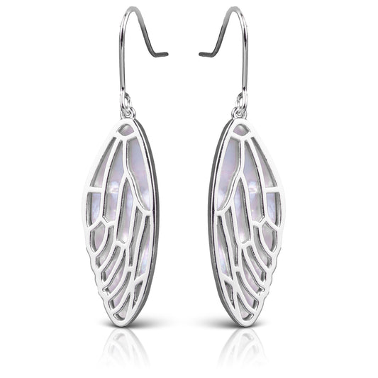 Silver dangly earrings with mother of pearl butterfly wings