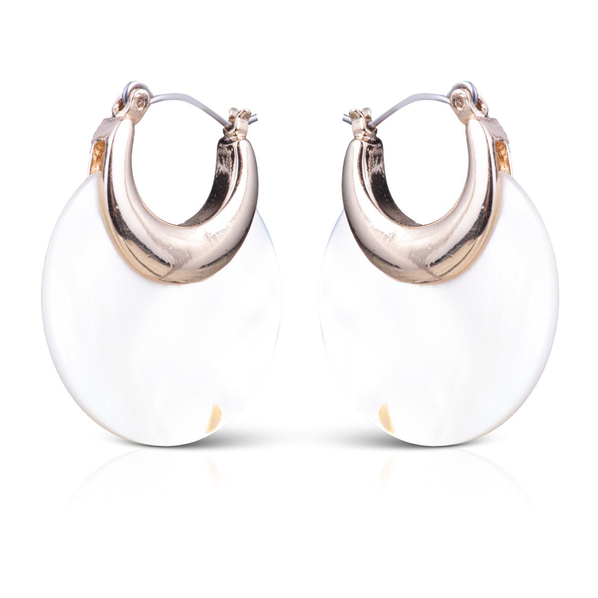 Gold hoop earrings with a circular mother of pearl pendant on the bottom of them