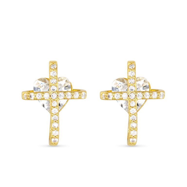 gold rhinestone heart with a cross wrapped around earrings