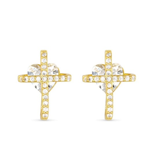 gold rhinestone heart with a cross wrapped around earrings
