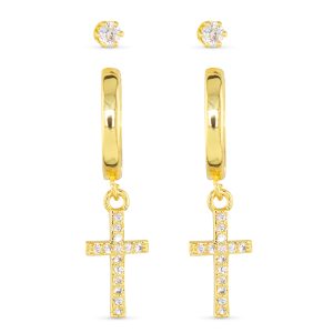 Gold crystal stud and gold hoop with crystal cross charm