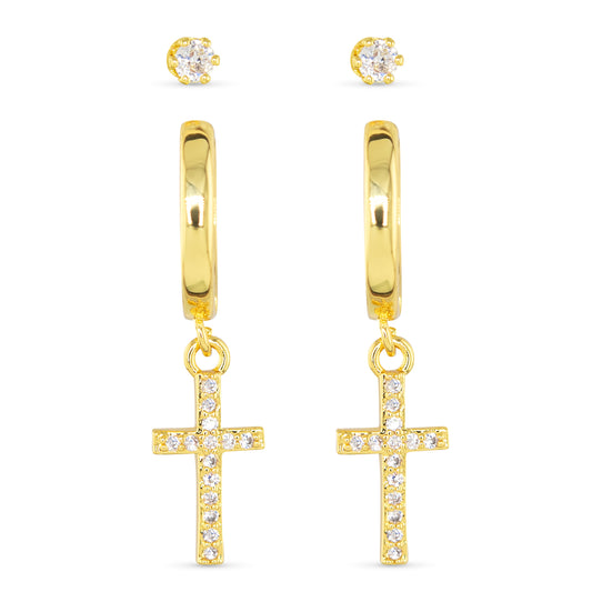gold hoop with dangling rhinestone cross and stud earrings