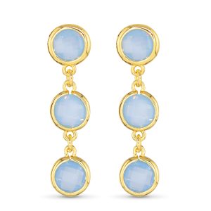 Gold earring with three light blue gemstones vertically spaced