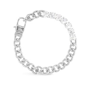Silver chain bracelet with seven clear round pendants on one side of the bracelet