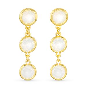 A pair of gold-colored earrings with faceted milky white cubic zirconia stones, designed in a drop style with three stones.