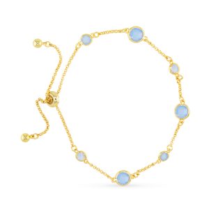 Gold Faceted CZ Bracelet, Blue Circle Pendants, 18K Gold Dipped, Ball Clasp