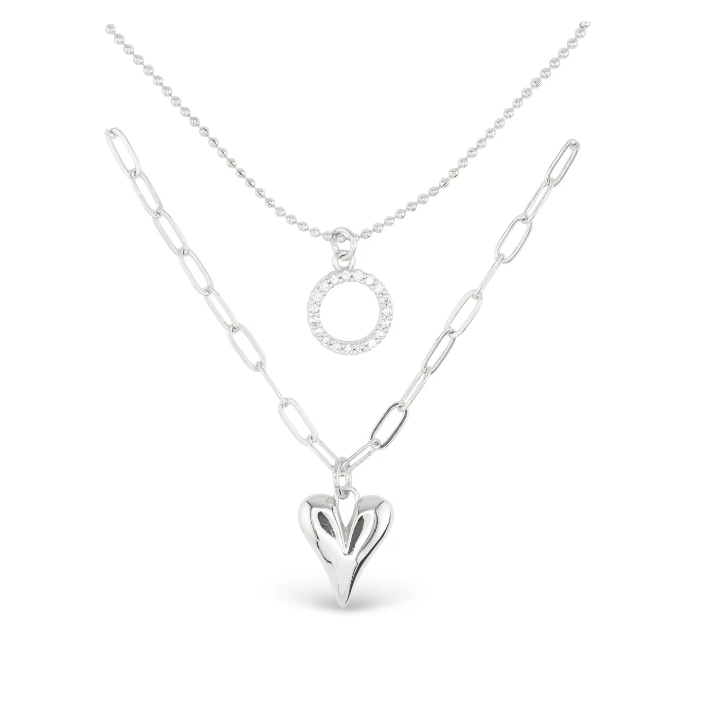 2 Piece Layered Silver Necklaces, one with Open Circle Crystal Pendant and the other with Silver Heart Pendant