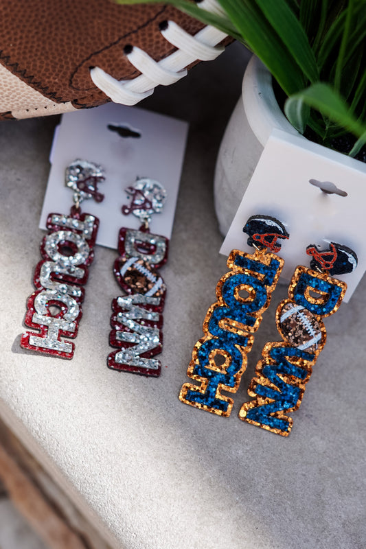 Friday Night Lights are upon us!! Whether you have a son or boyfriend on the field, or you're watching on the Big Screen TV in your living room, represent your team with the "Touch Down!" Football Earrings!! "Touch Down!!" Football Earrings Crimson/White and Navy/Orange Stud Post Back.