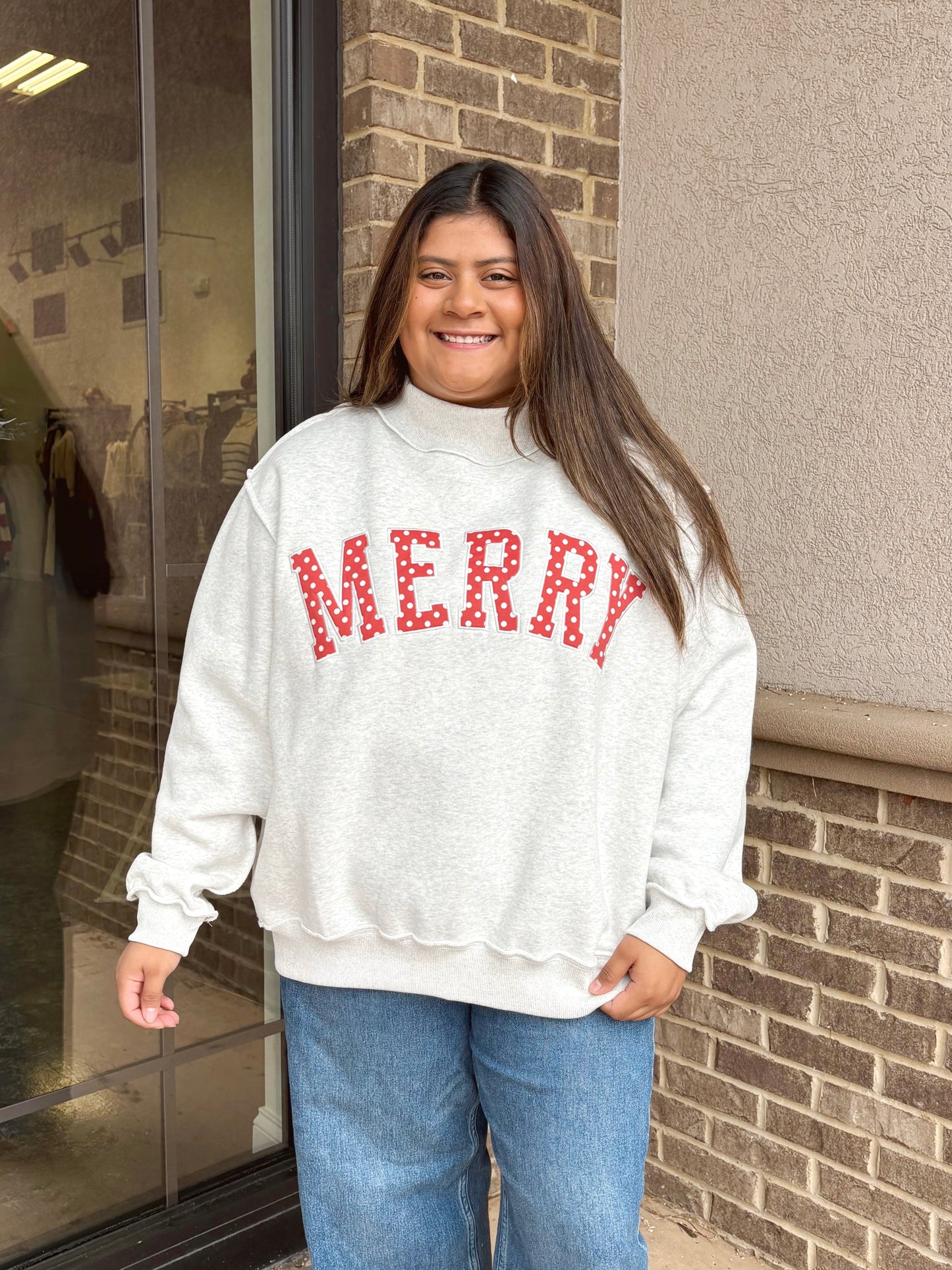 Merry Polka Dot Embroidered Mock Neck