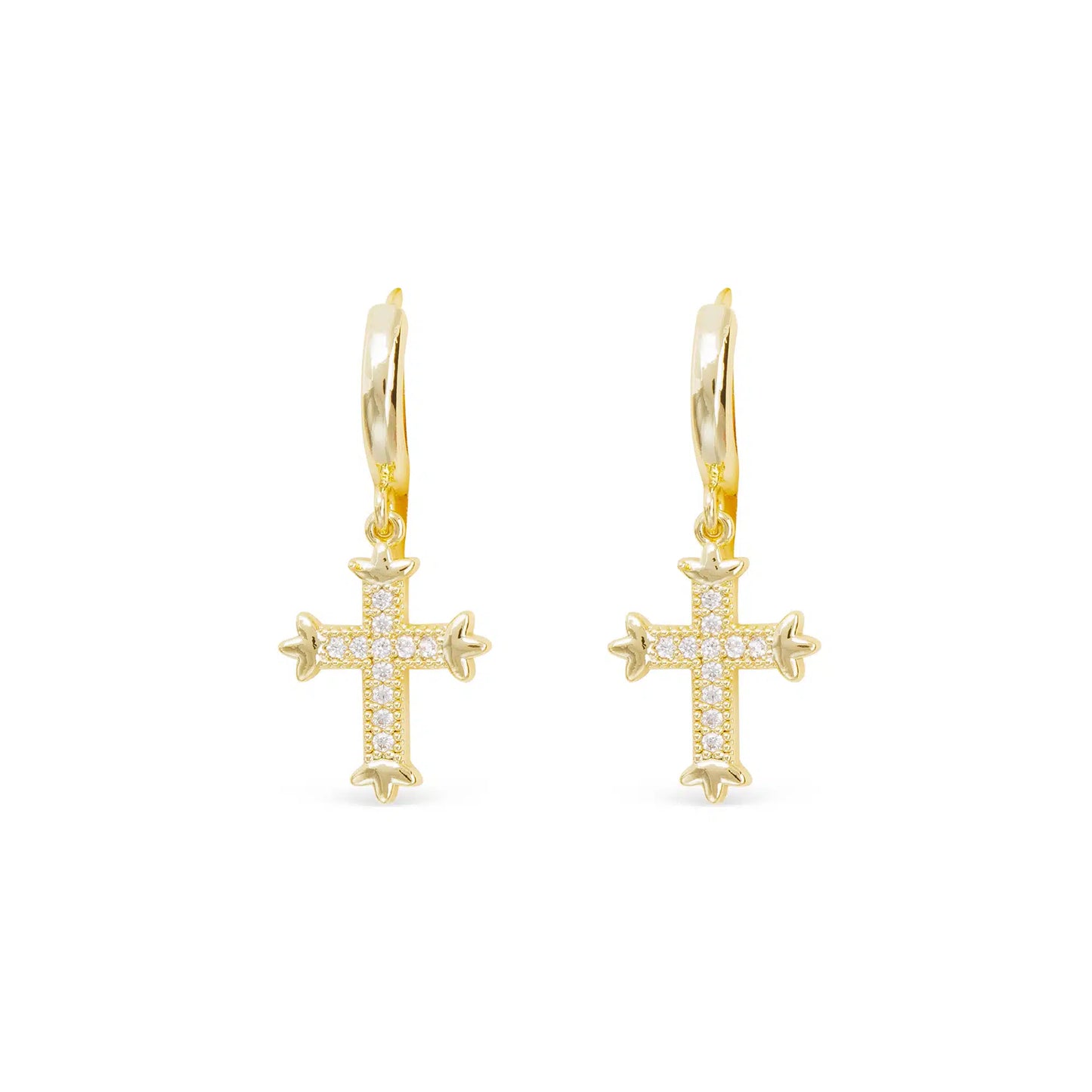 Gold Huggie Earrings with Small , Dangle Gold Crystal Cross
