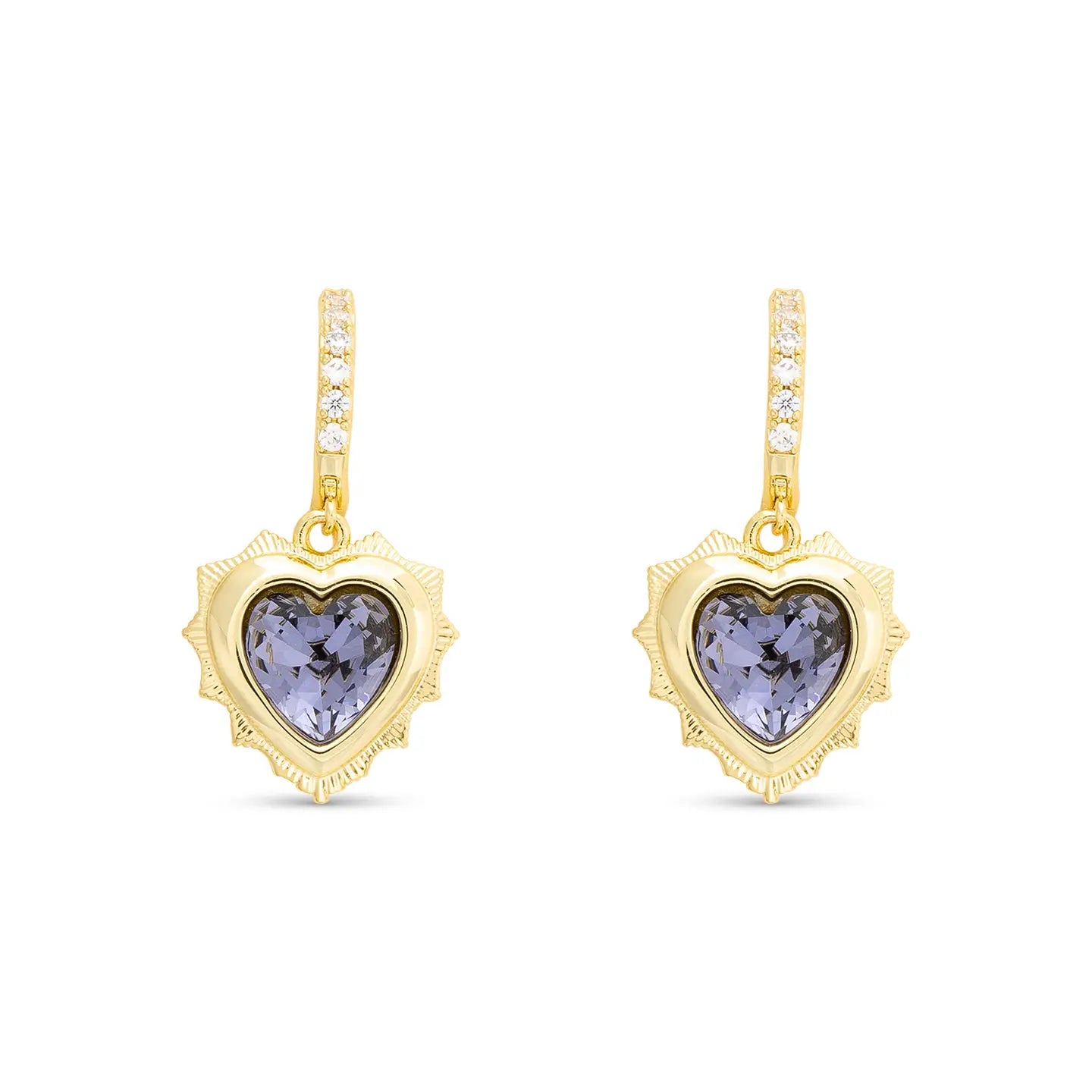 Gold Huggie Earrings with Gold Dangle Heart Pendant Filled with Birthstone Crystal