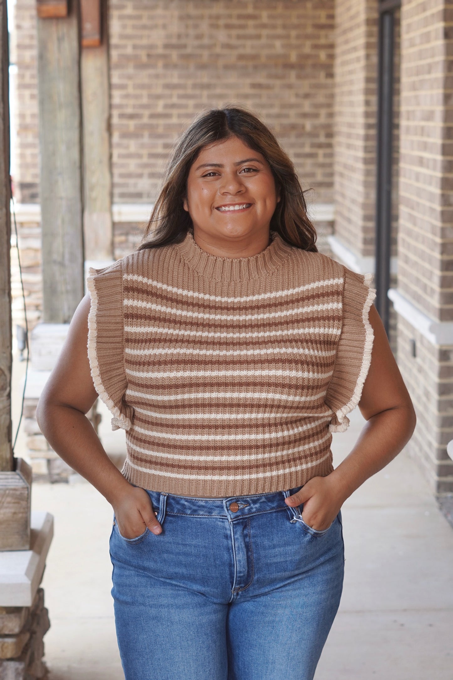 Naomi Neutral Striped Sweater Top, Round Neckline, Bat Sleeve, Ruffle Detail, Striped, Color: Brown, Relaxed Fit, Waistline Length