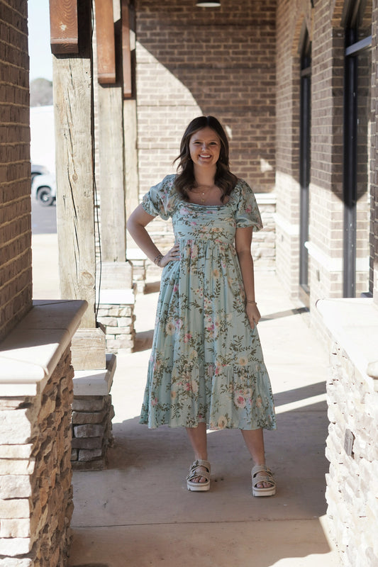 Midi Dress, Mint With Floral Print, Squared Neckline, Short Puff Sleeves, Ruffle Tiered At Bottom, Right Above Ankle Length