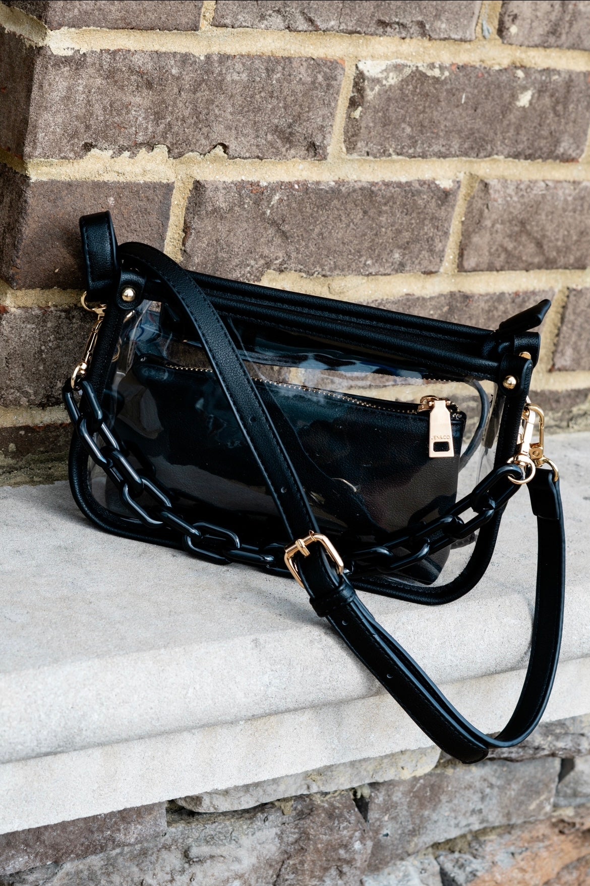 Jessica Clear Stadium Purse Colored Trim Colored Removable Strap Colored Plastic Chain Small Removable Zipper Insert to Match Approx. 8 1/2 in X 5 in black color