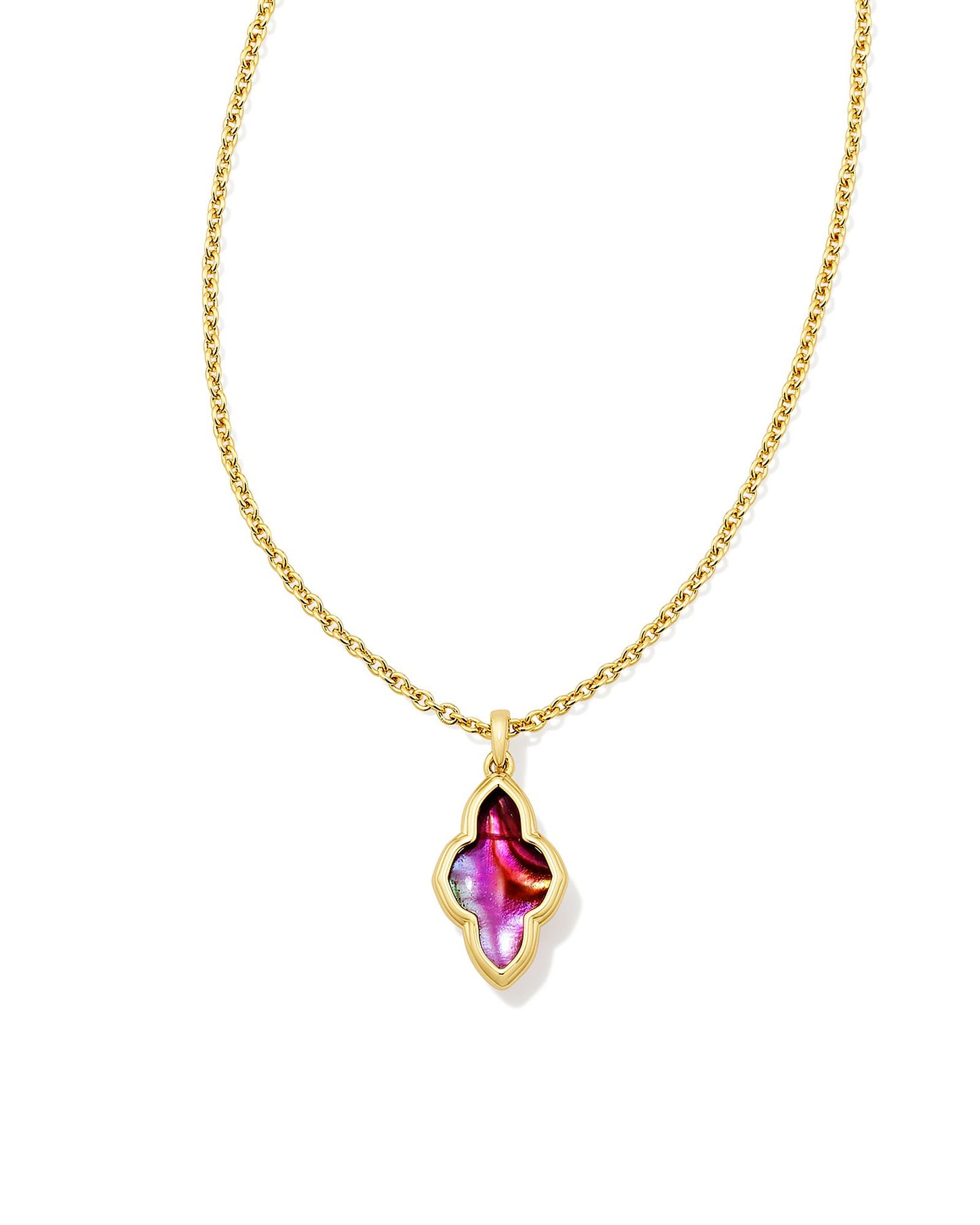 Your favorite shape gets a new metal frame in the Framed Abbie Gold Short Pendant Necklace in Light Burgundy Illusion. Featuring an elongated version of our iconic medallion logo, this pendant makes a sleek addition to your necklace stack.