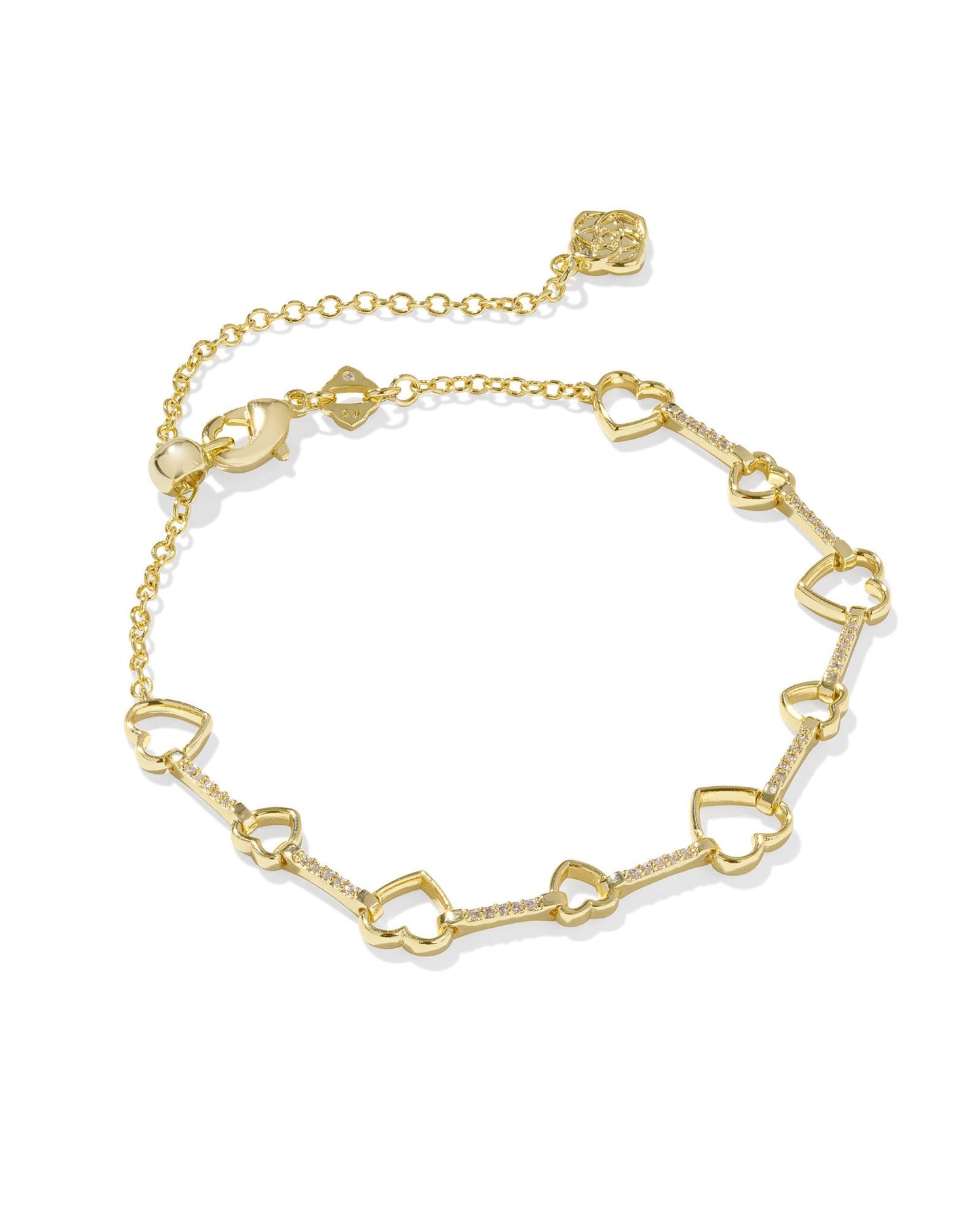 Kendra Scott Haisley Heart Delicate Chain Bracelet,
Gold White Crystal,
Lobster Clasp With Ball Extender.
Gold Heart Strand Bracelet.