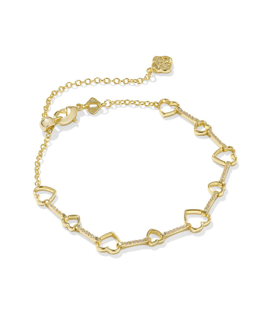 Kendra Scott Haisley Heart Delicate Chain Bracelet,
Gold White Crystal,
Lobster Clasp With Ball Extender.
Gold Heart Strand Bracelet.
