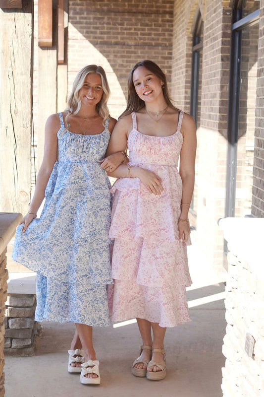 Tiered Dress, Blue/Pink Floral Pattern, Midi Length Above The Ankle, Adjustable Straps, Round Neckline