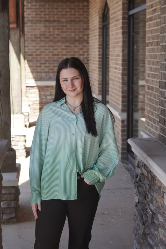 Ombre Oversized Button Up, Collar Neckline, Long Sleeves, Mint Green Color, Striped