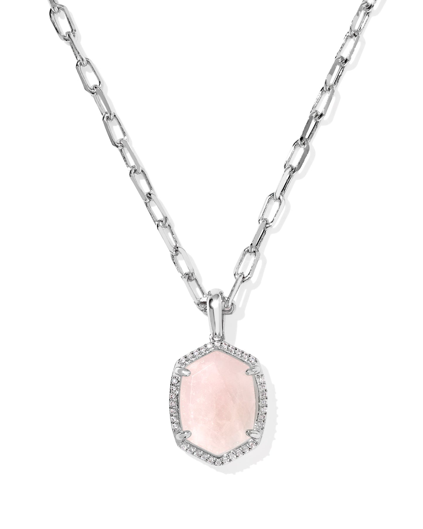 Silver Pave Frame Short Pendant chain necklace with pink pendant