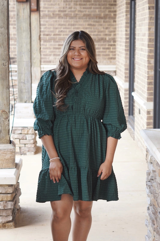 Porsha Palm Green Dress, Split Neckline, Elbow Length Sleeves, Cinched Waistline, Color: Green, True To Size, Mid Thigh Length.