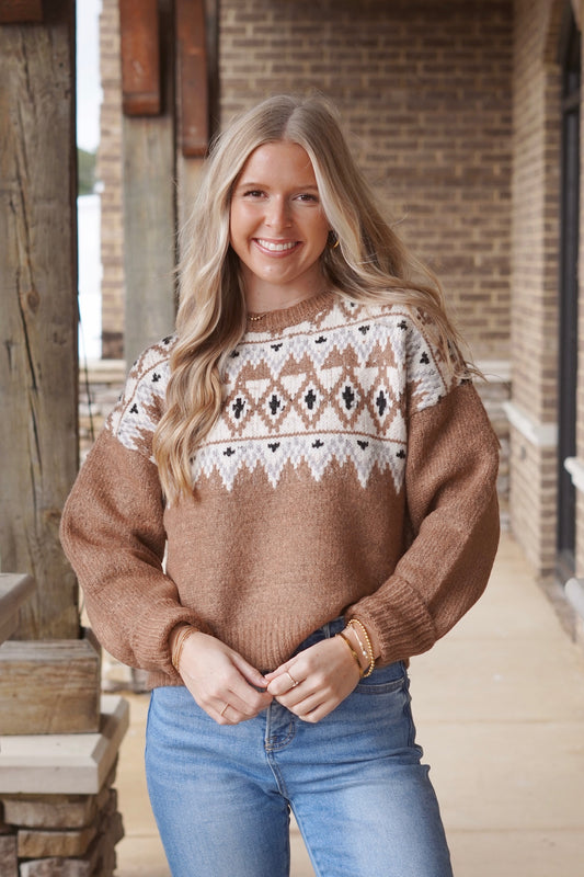 Phoebe Fall Knit Sweater, Round Neckline, Long Sleeves, Full Length, Knit Material, Colors: Brown, Relaxed Fit, Isle Print