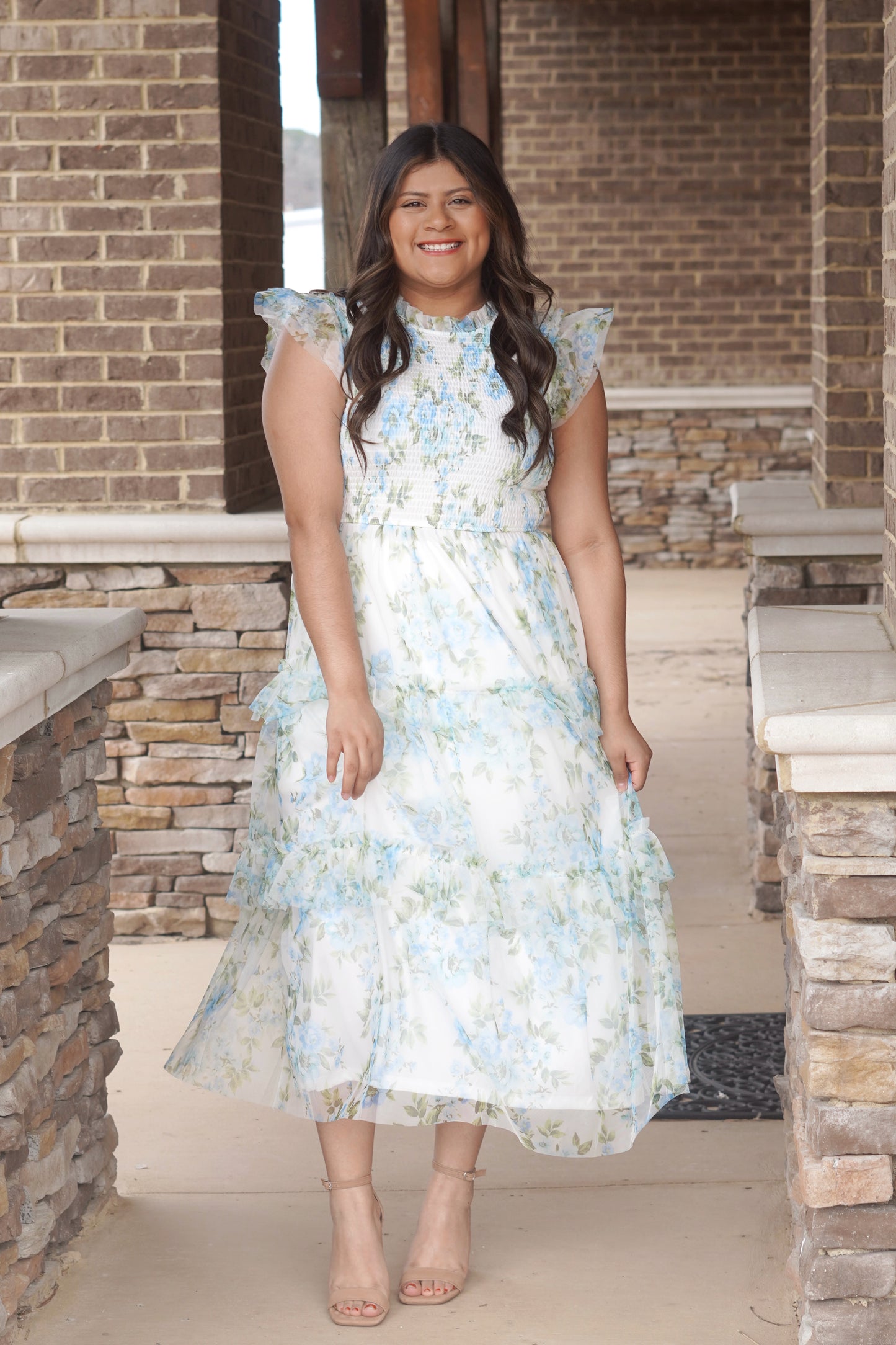 Blue Bell Floral Flutter Midi Dress