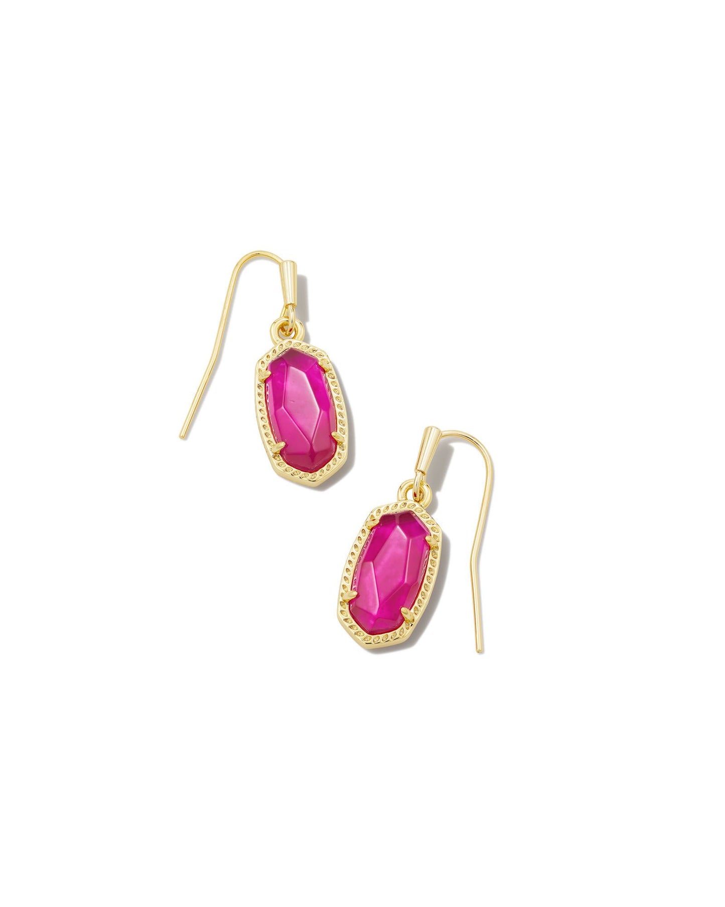 Hot pink pendant earring with gold outline and fishhook back