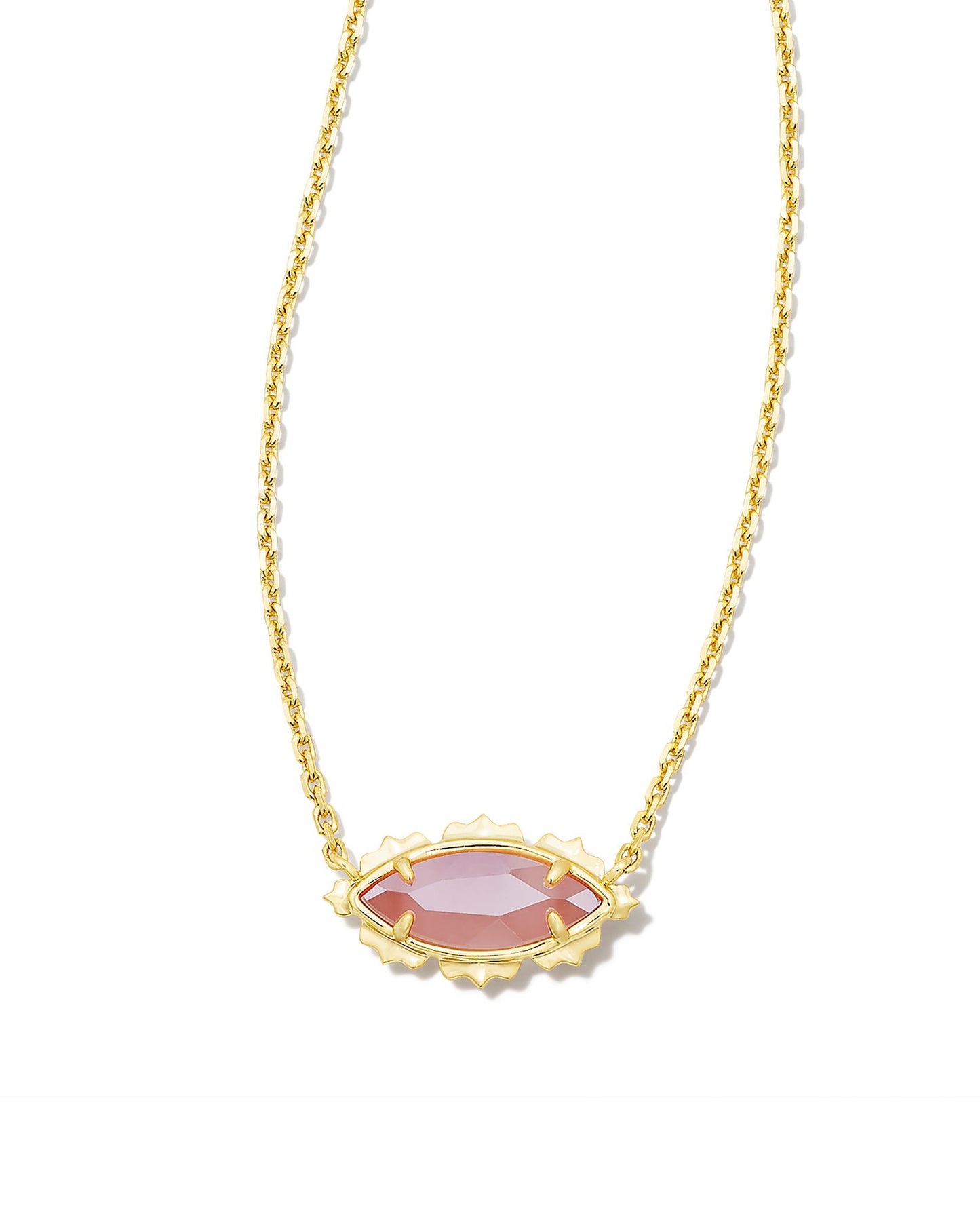 Timeless with a touch of sparkle, the Genevieve Gold Short Pendant Necklace is sure to be your newest everyday essential. Perfect as a standalone piece or an elegant addition to a layered look, this marquise-shaped pendant adds a bit of shine to any occasion. Dimensions- 16' CHAIN WITH 3' EXTENDER, 0.34'Lx0.6"W PENDENT Metal- 14K Gold plated over brass Closure- Lobster clasp w/ single adjustable slider bead Rose color