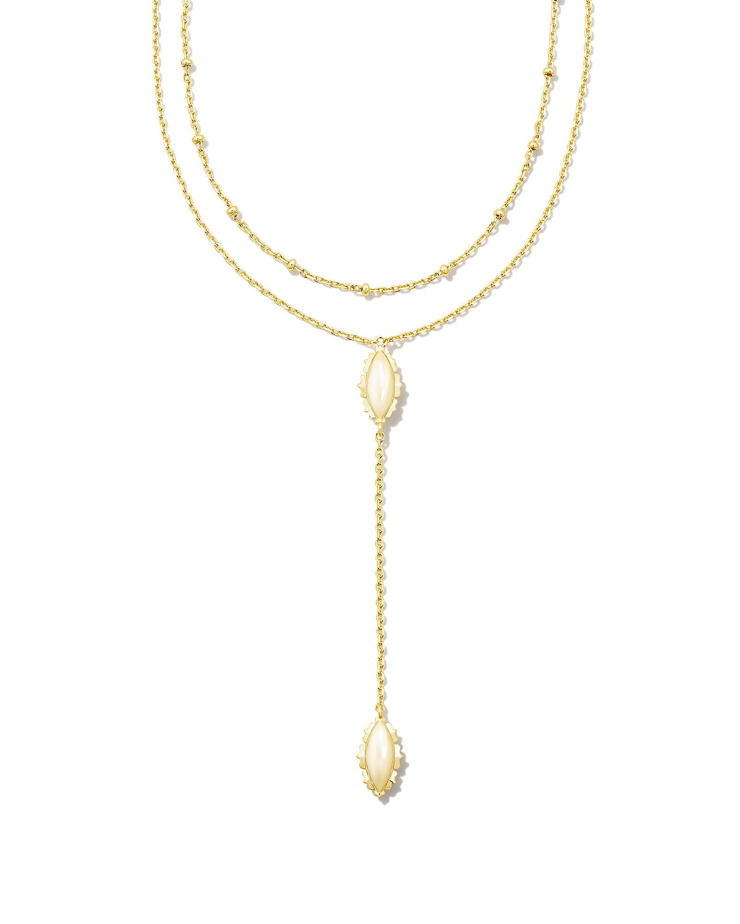 Two necklaces in one? Why not! Our first multi strand Y style, the Genevieve Multi Strand Y Necklace in Gold is the obvious answer to any layering questions. Featuring a classic chain and marquise pendant, this trend-forward necklace adds an extra pop to any look. Dimensions-Y: 16.5' CHAIN WITH 3' EXTENDER, 0.6"L X 0.26"W, 2.16" DROP Metal- 14K Gold plated over brass Closure- Lobster Clasp