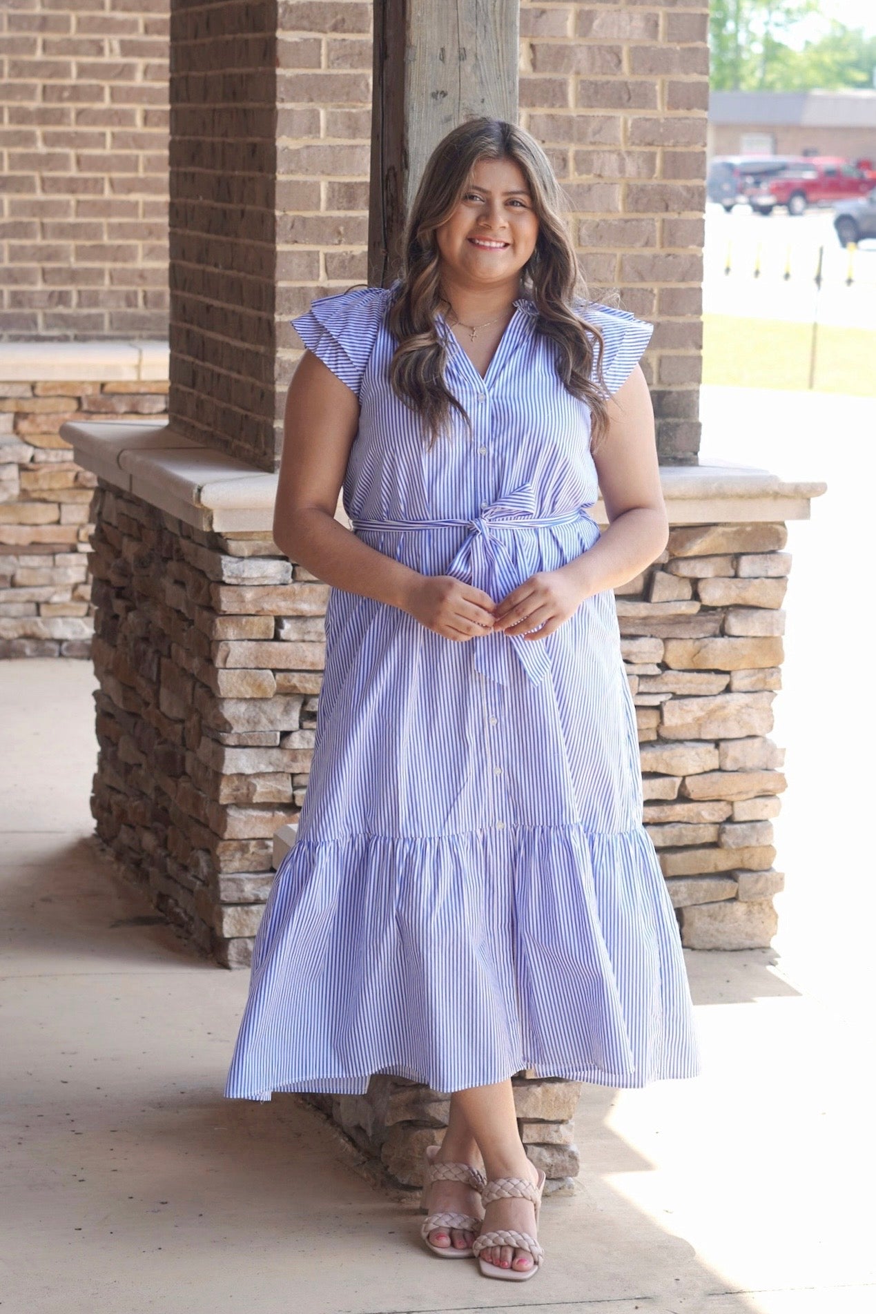knee length dresses for ladies Get Your Way Green Striped Midi Dress, Medium - The Mint Julep Boutique main image 0