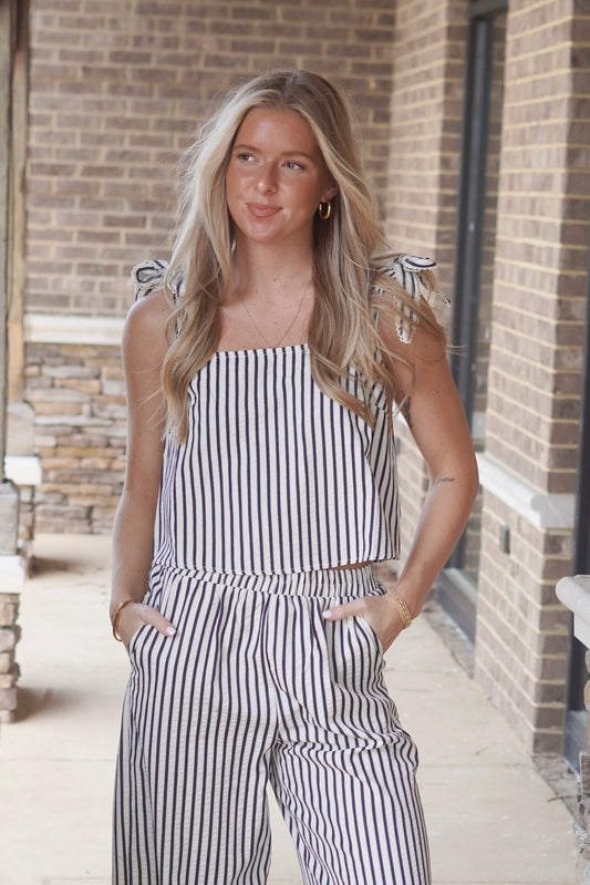 Striped Cropped Top, Square Neckline, Ribbon Shoulder Straps, Woven Material