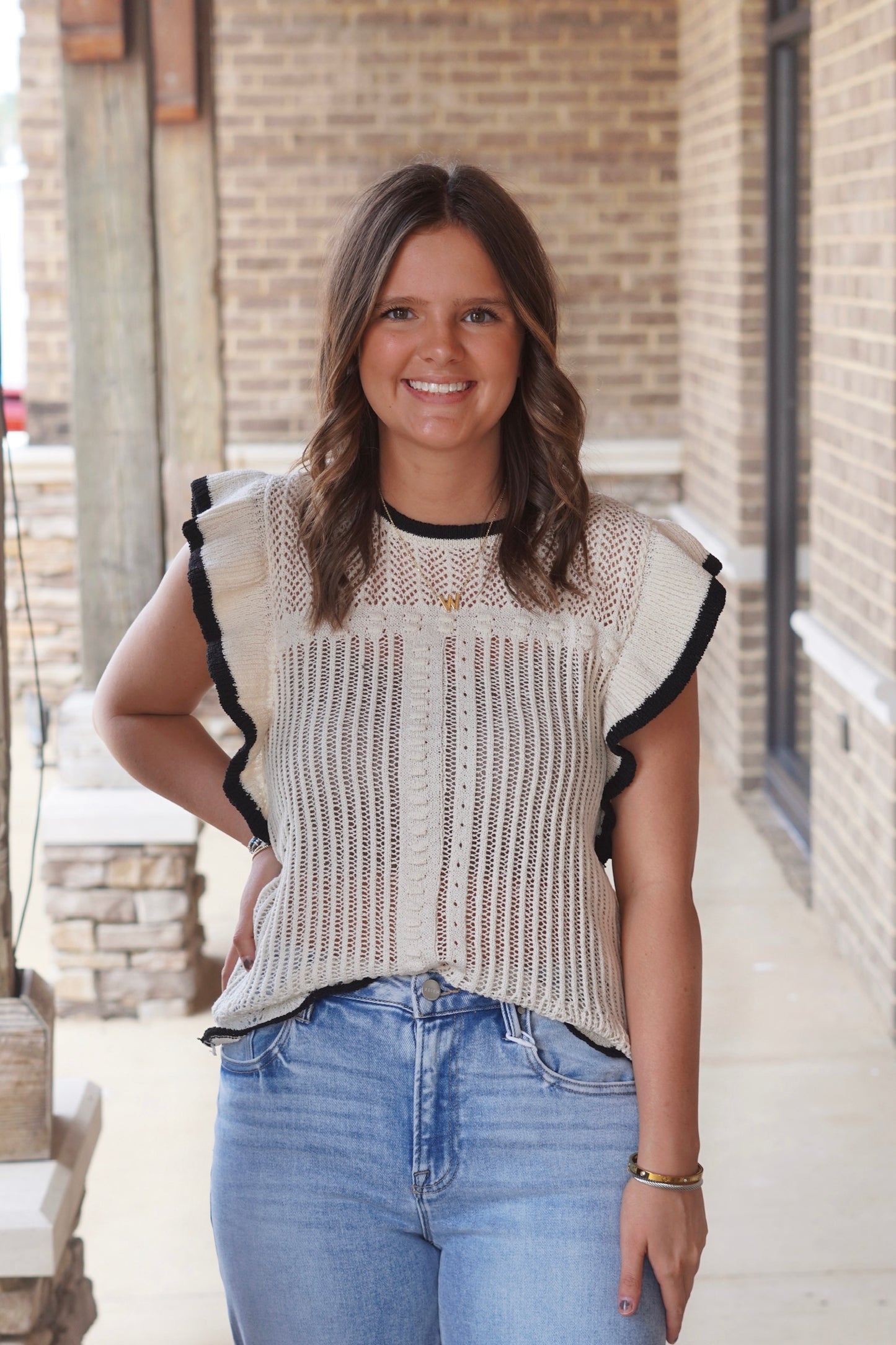 Ivory Crochet Sweater Top , Round, Neckline, Short Ruffle Sleeves, Knit, Color: Ivory, Relaxed Fit, Full Length