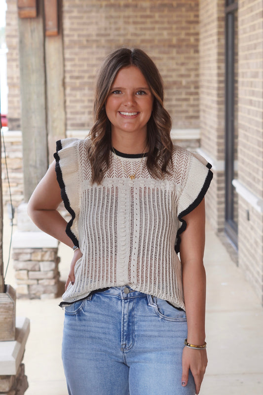 Ivory Crochet Sweater Top , Round, Neckline, Short Ruffle Sleeves, Knit, Color: Ivory, Relaxed Fit, Full Length