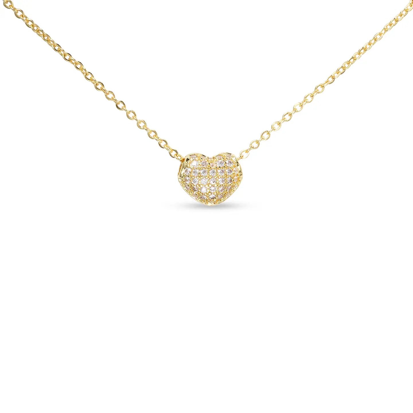 Gold Cz Pave Puffy Heart Necklace