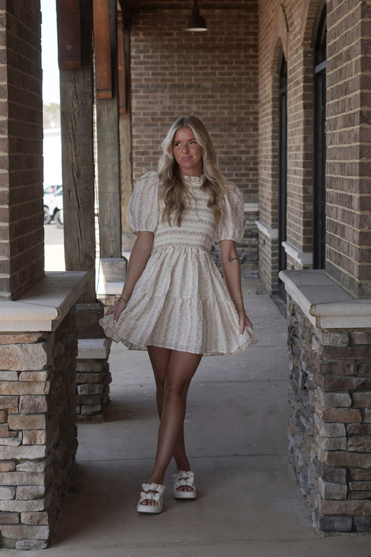 Blossom Floral Print Dress, Mini Dress, Puff Sleeves, Cream Color, Soft. Silhouette, High Neck