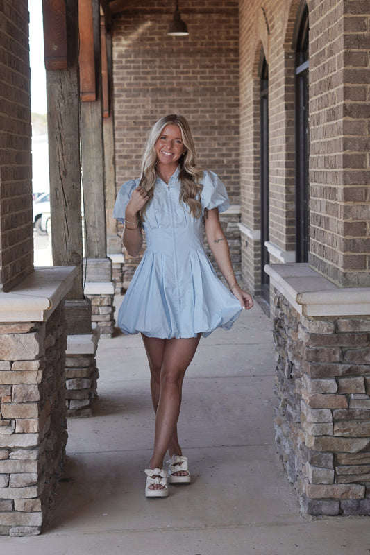 Baby Blue Mini Dress, Collared Neck, Short Puffed Sleeve, Gold Zipper, Buttoned Down