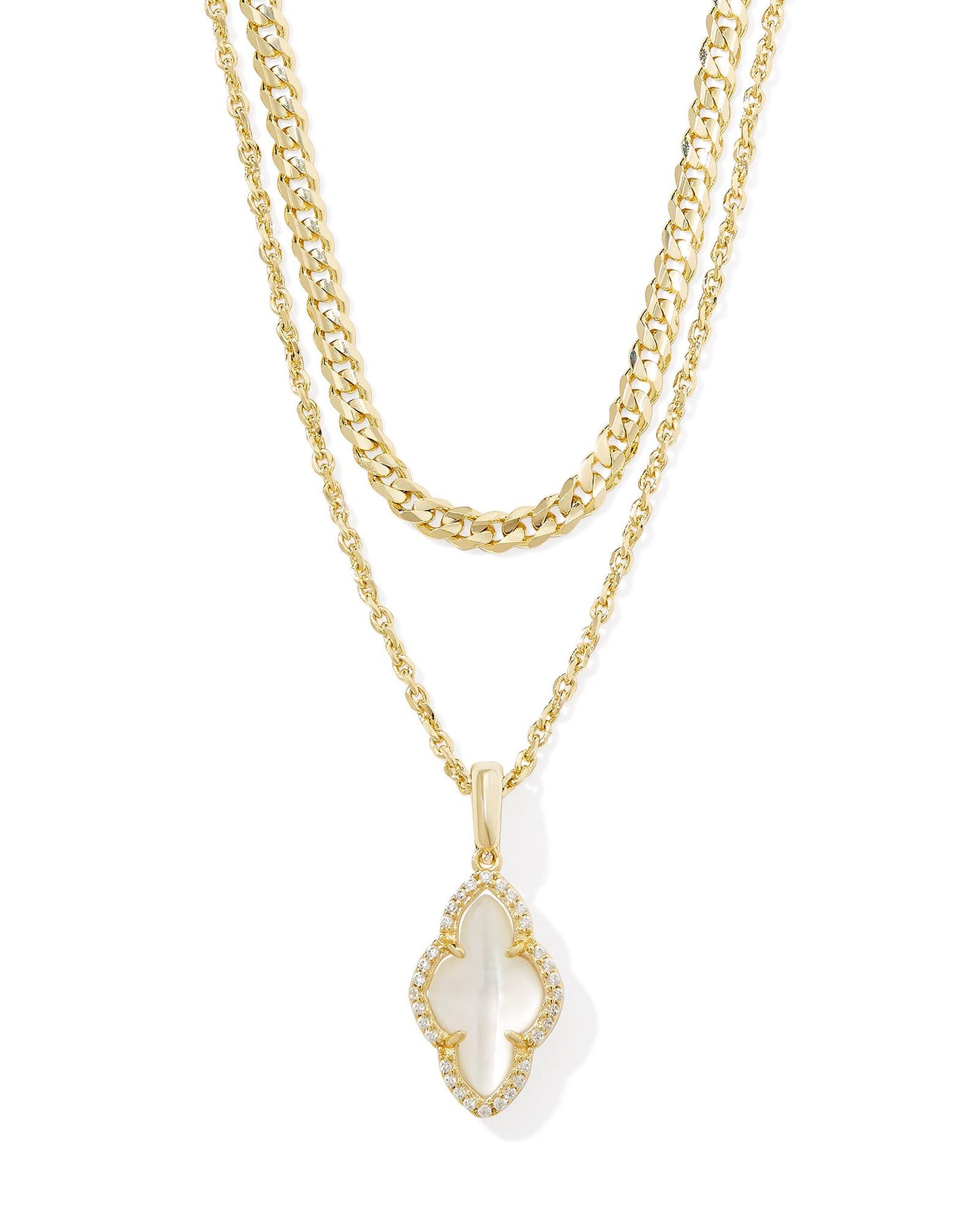 Yellow gold plated mutli strand necklace, shorter strand is chain link and longer strand has an Abbie shaped pendant in ivory mother of pearl stone.