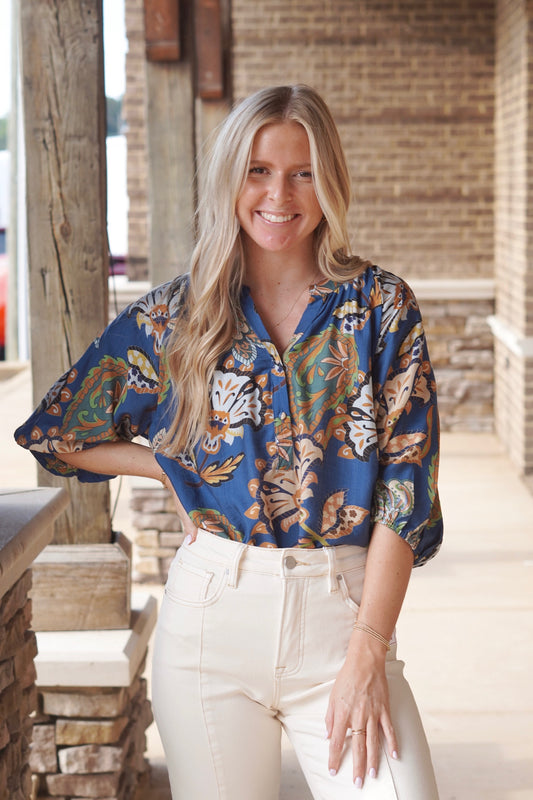 Nellie Navy Print Flowy Blouse, Quarter Length Sleeves, Leaf Print, Color: Navy Mix, Flowy, True To Size, Full Length.