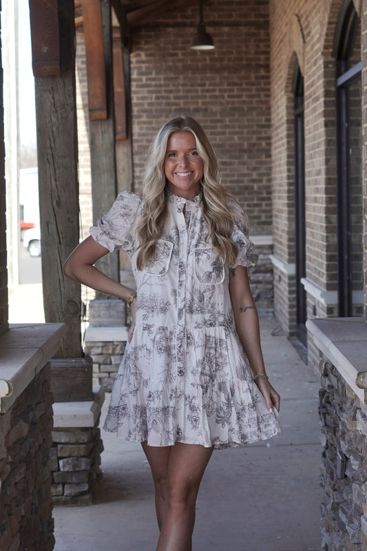 Floral Print Dress, Mini Dress, Short Sleeve, High Neck, Cream and Blush Floral Color, Buttons Down Center