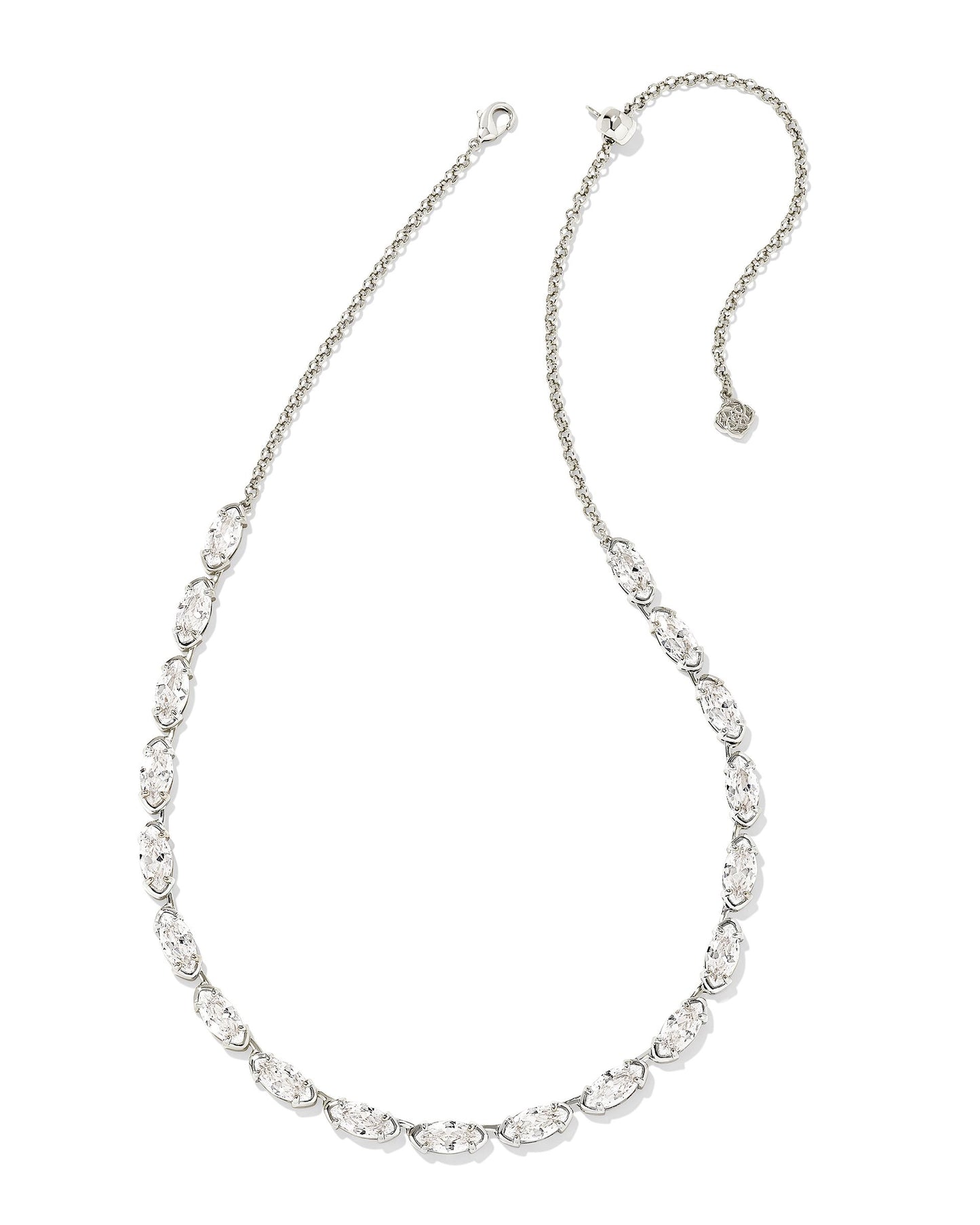 Hello, sparkly stunner! Featuring a bold chain studded with crystals, the Genevieve Strand Necklace in White Crystal adds that “wow” factor to your outfit, making it perfect for every standout occasion. Dimensions-16' CHAIN WITH 3' EXTENDER,0.15'W Metal- 14K Gold plated over brass(Gold), Rhodium Over Brass (Silver) Closure- Lobster clasp w/ single adjustable slider bead Material- White CZ This one is silver